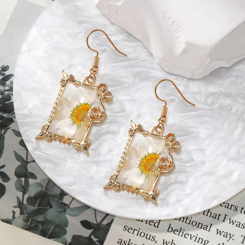 Resin Drop Earrings - Square Half White Daisy
