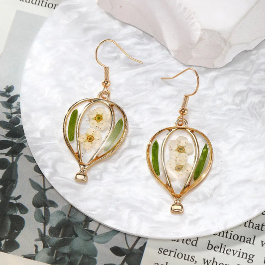 Resin Drop Earrings - Green Leaves and White Flowers Hot Air Balloon