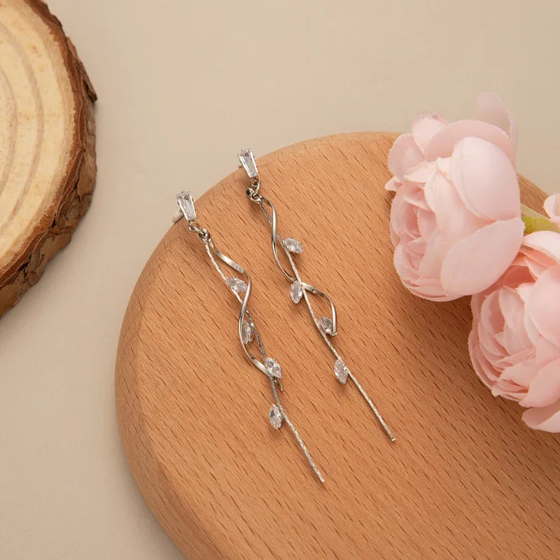 Leaf Drop Earrings - White Diamond Inlay
