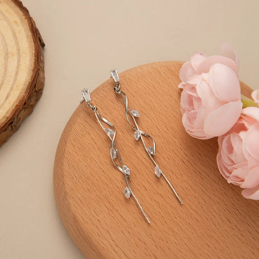 Leaf Drop Earrings - White Diamond Inlay