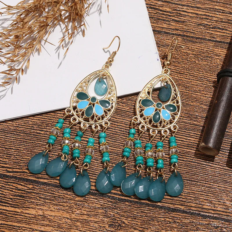 Teal Floral Crystal Tassel Earrings