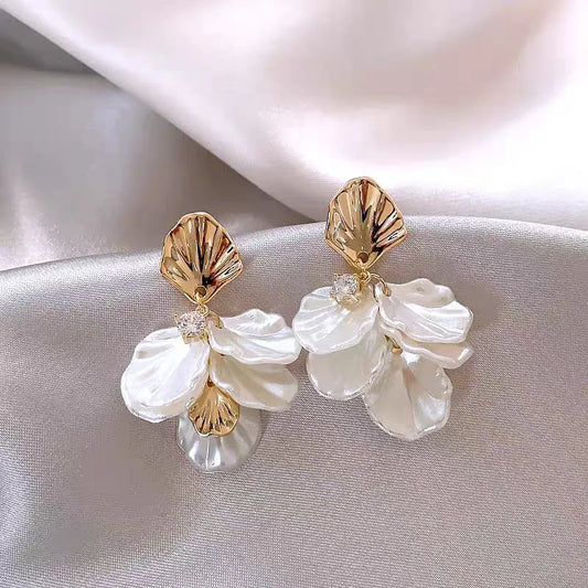 Golden Shell Pearl Petal Drop Earrings