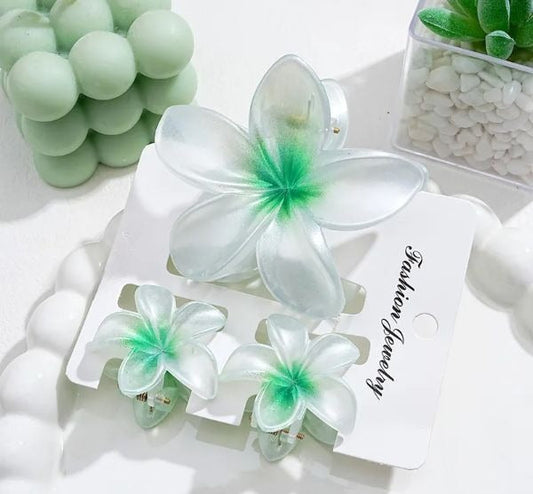 Frosted Green Plumeria clip Set