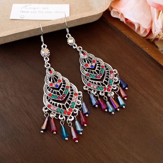 Retro Ethnic Tassel Drop Earrings - Multicolor