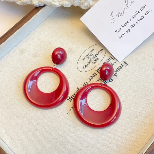 Circle Acrylic Earrings - Wine Red
