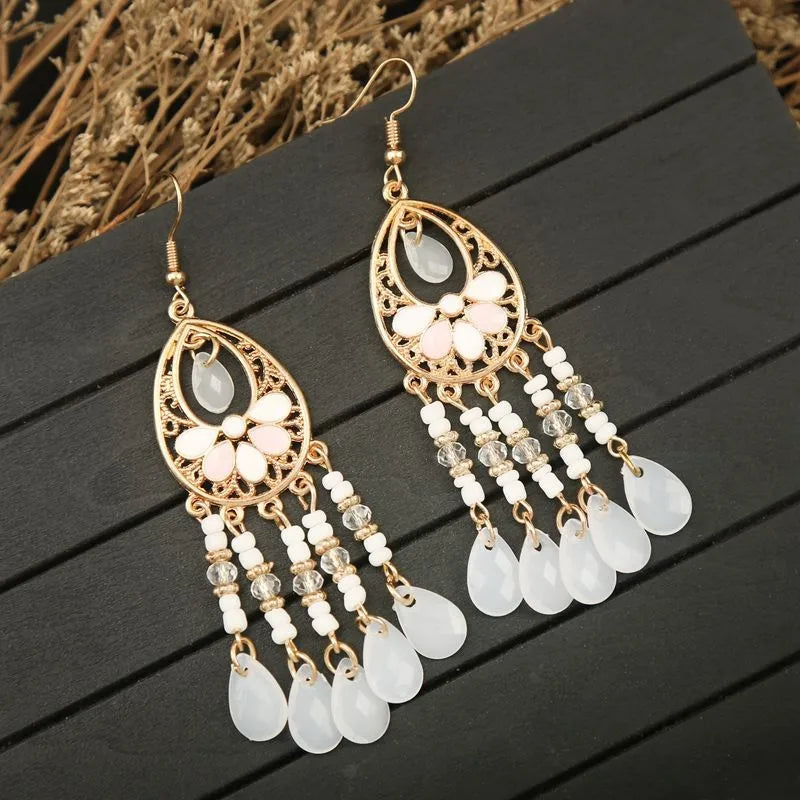 Floral Crystal Tassel Drop Earrings