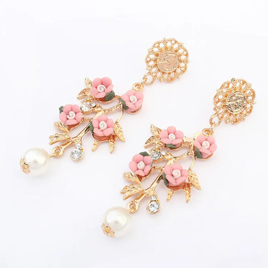 Luxury Pearl Long Floral Earrings - Pink