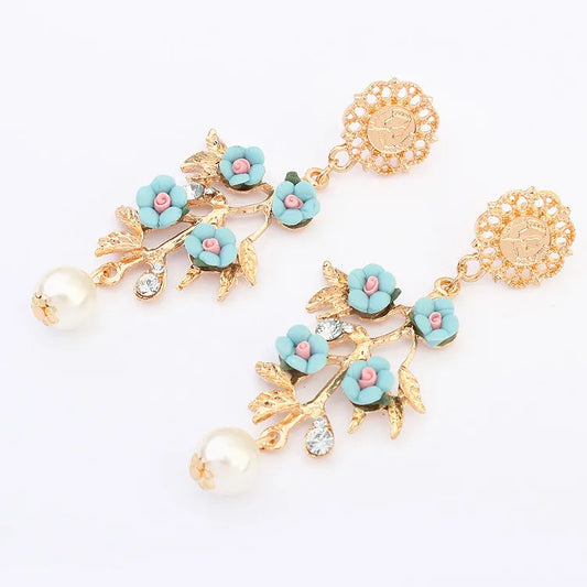 Luxury Pearl Long Floral Earrings - Blue