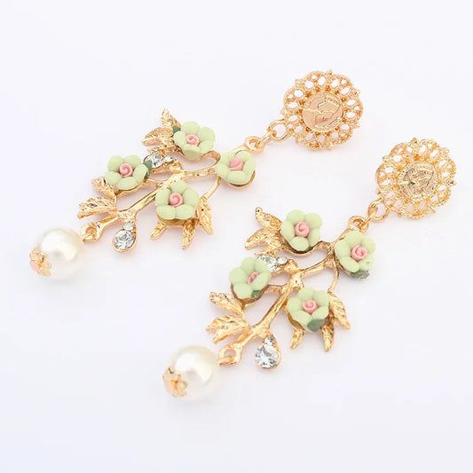 Luxury Pearl Long Floral Earrings - Green
