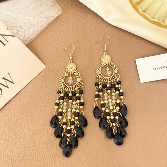 Bohemian Tassel Crystal Beaded Earrings - Black