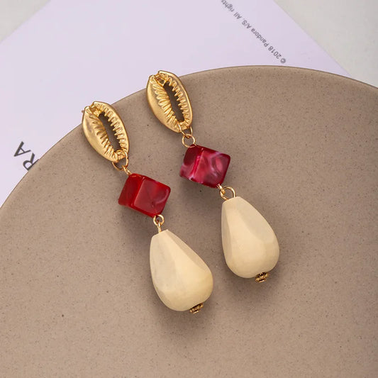 Wood Drop Earrings - Red
