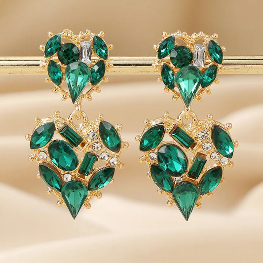 Diamond Embedded Heart Earrings - Green
