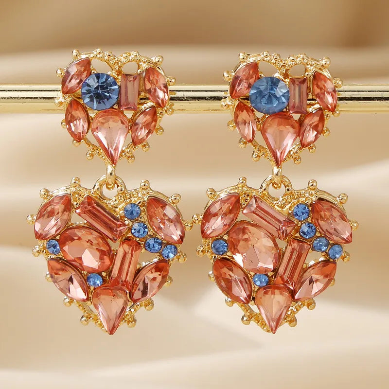 Diamond Embedded Heart Earrings - Pink