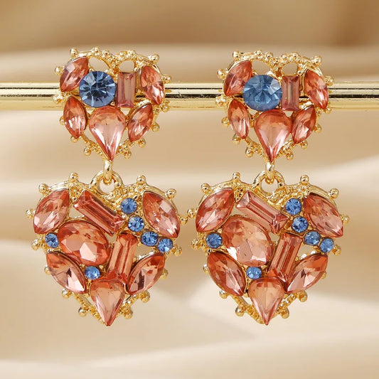 Diamond Embedded Heart Earrings - Pink