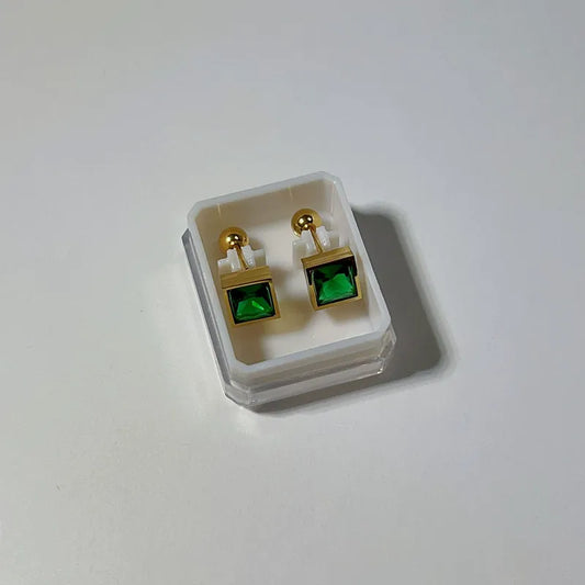 Green Square Gold-Plated Stud