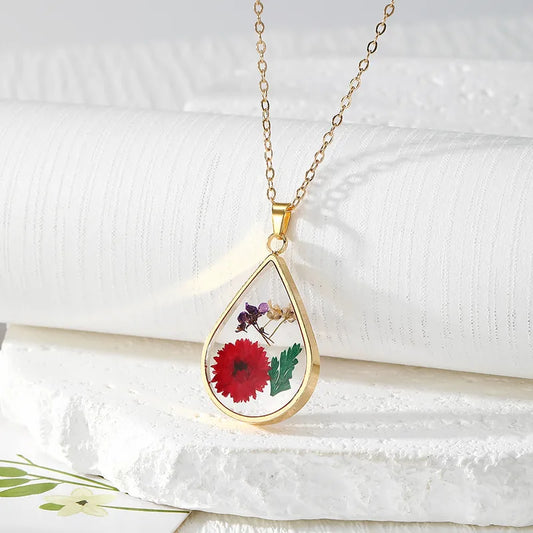 Resin Pendant - Red Flowers, Green Leaves, Purple and Yellow Starry Sky