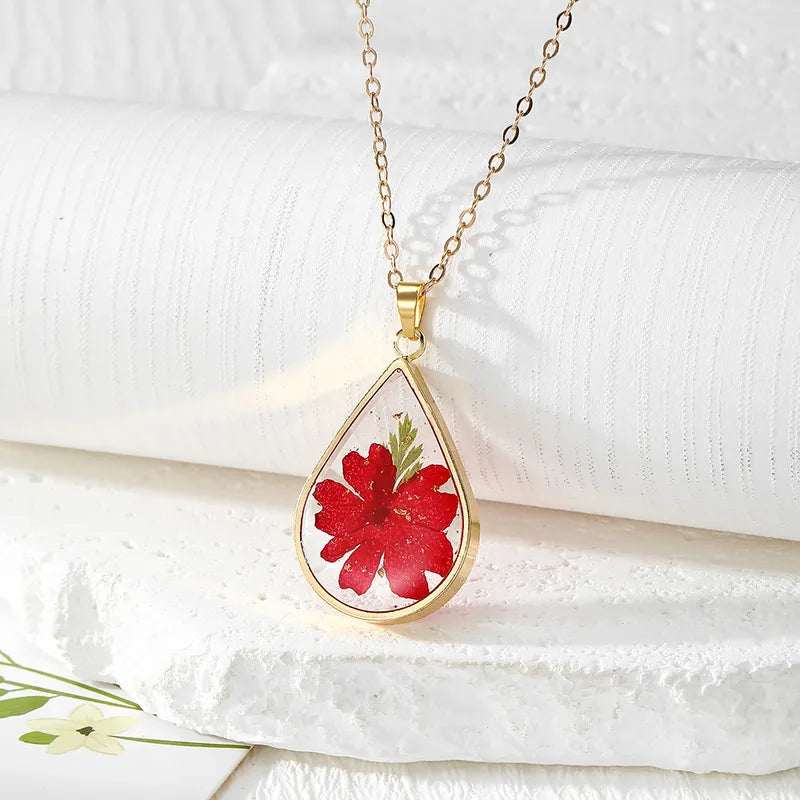 Resin Pendant - Red Flowers and Green Leaves
