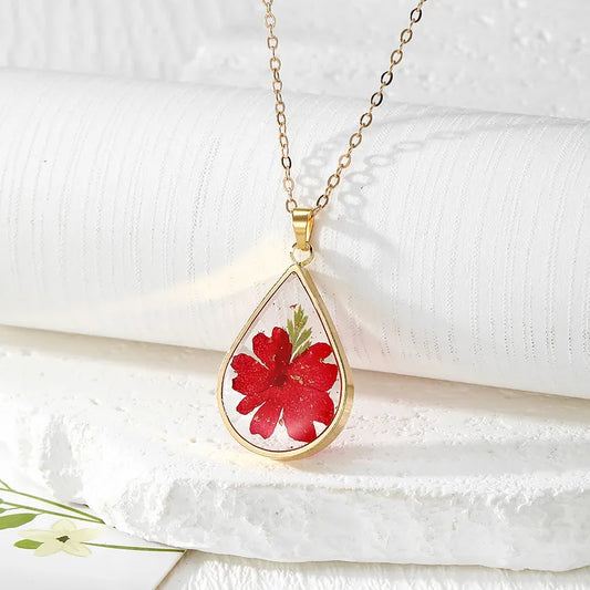 Resin Pendant - Red Flowers and Green Leaves