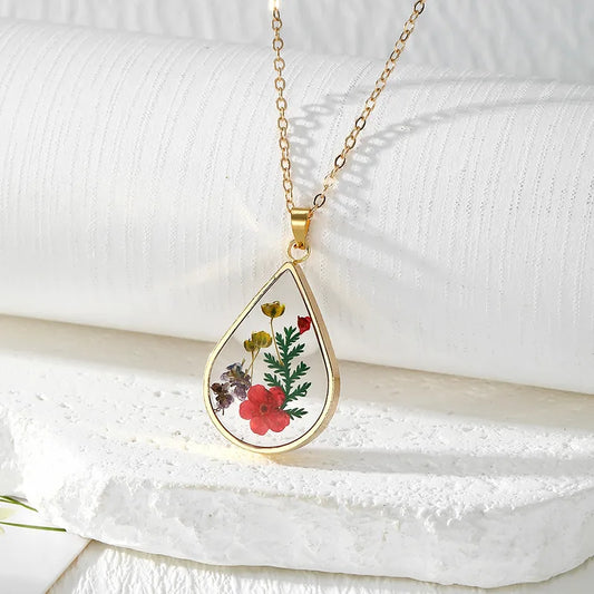 Resin Pendant - Red Daisy, Green Leaves, Purple and White Baby's Breath