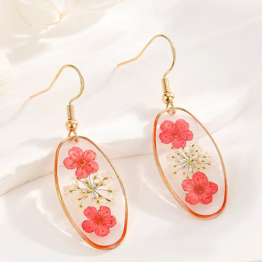 Oval Dried Flower Resin Earring - Red