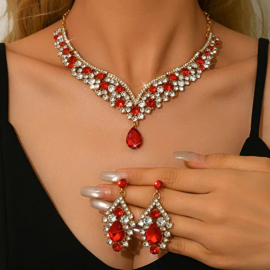 Necklace Set Rhinestone - Gold and Red