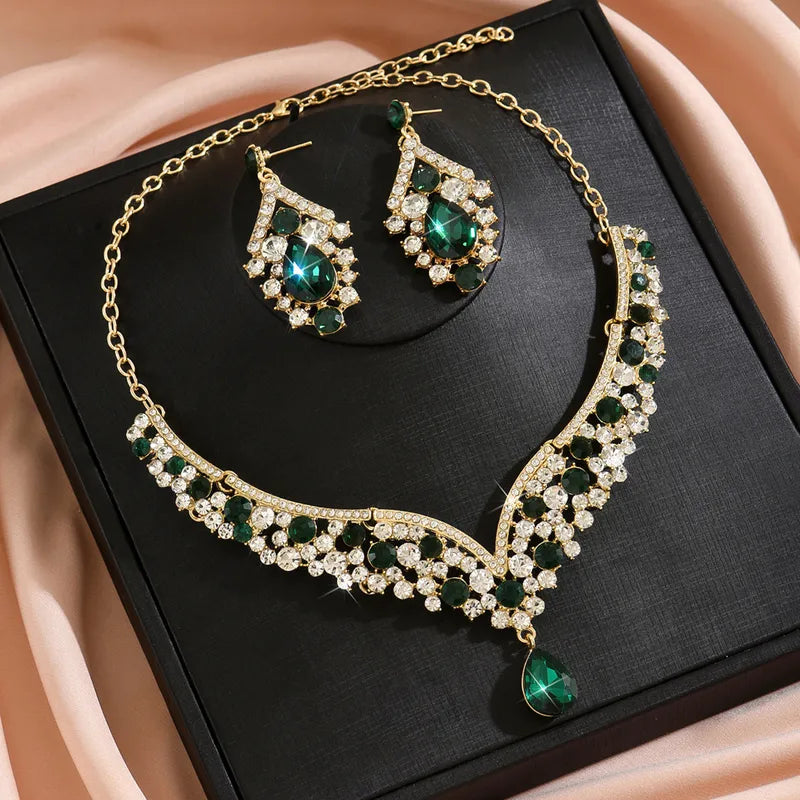 Necklace Set Rhinestone - Gold and Green