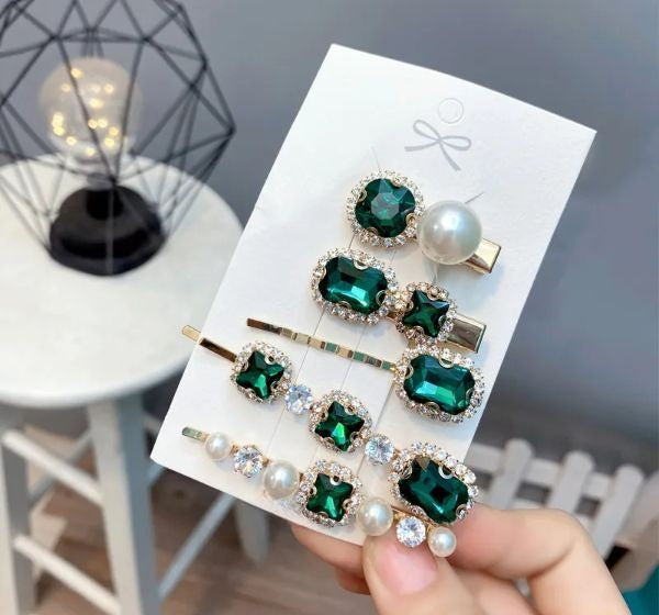 Bow knot diamond metal hair clip - Dark Green Diamond