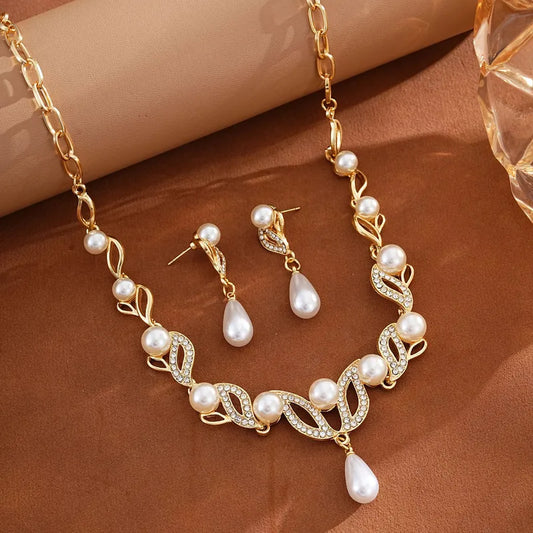 Pearl Necklace Earring Set - Gold