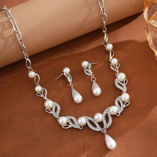 Pearl Necklace Earring Set - Silver