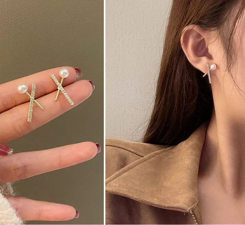 Cross Diamond Pearl Earrings