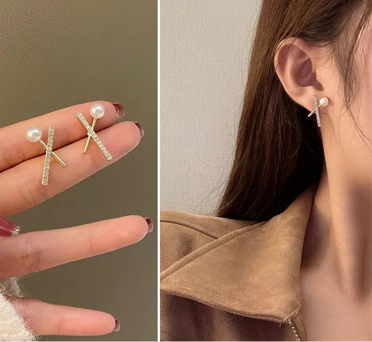Cross Diamond Pearl Earrings