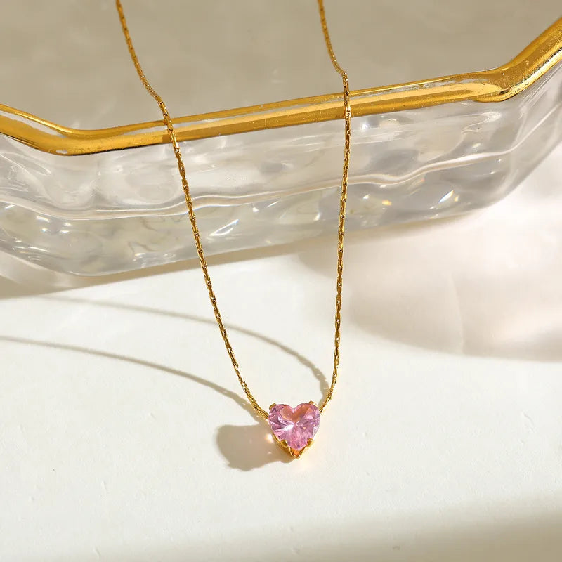Gold Plated Zircon Heart Pendant - Pink
