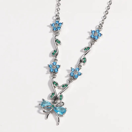 Chain Necklace - White Gold Color Blue Diamond