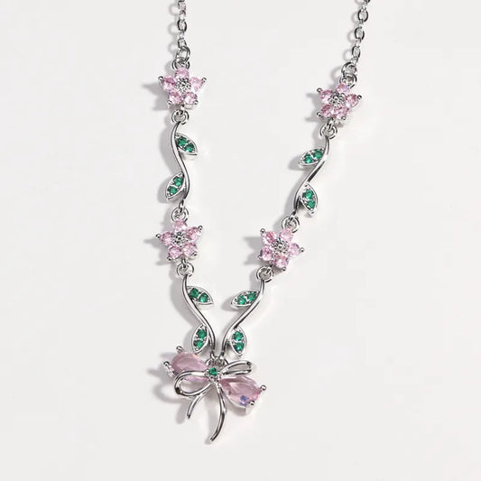 Chain Necklace - White Gold Color Pink Diamond