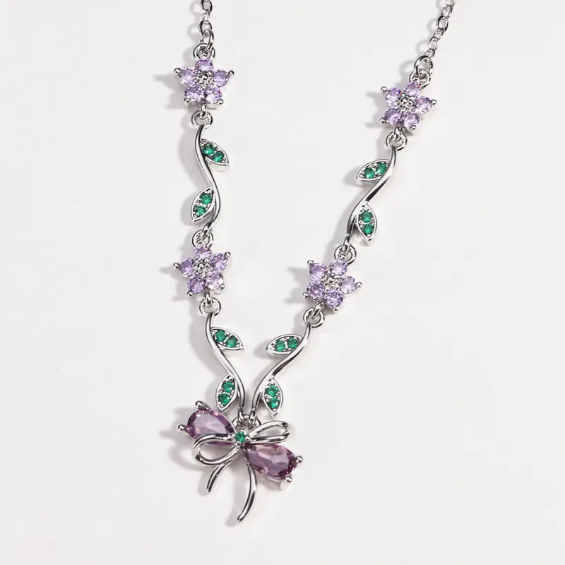 Chain Necklace - White Gold Color Purple Diamond