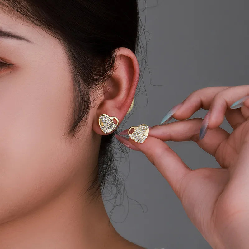 Golden Crystal Heart Stud Earrings