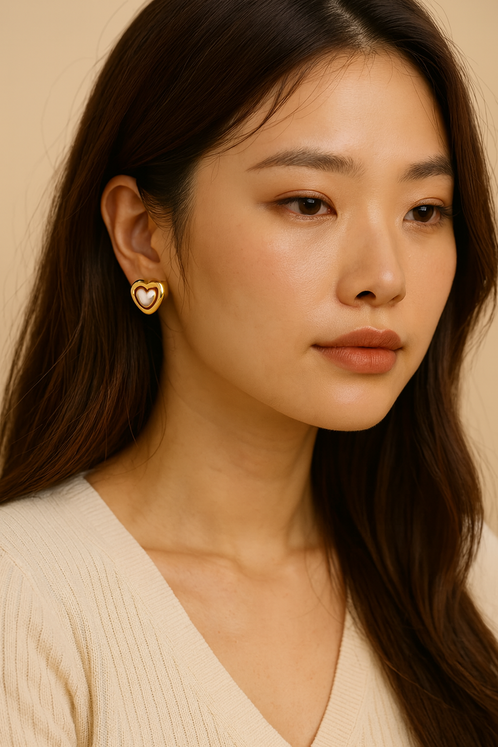 Woman wearing gold heart-shaped stud earrings with white enamel, elegant jewelry close-up
