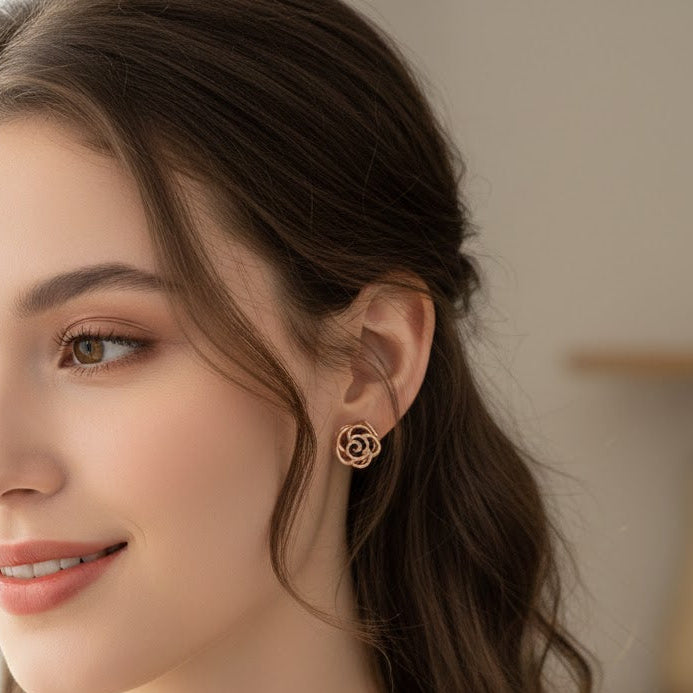 Elegant Gold Plated Rose Studs - Black